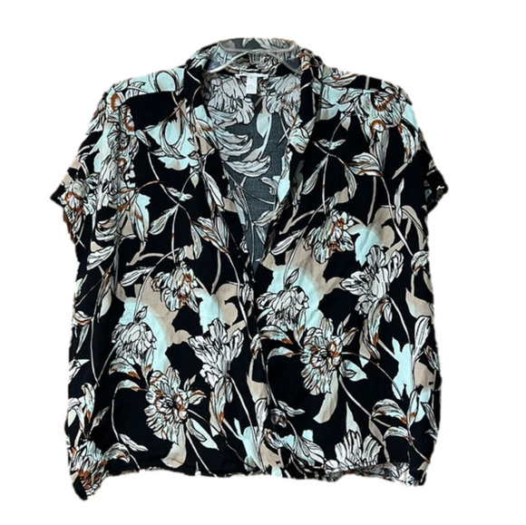 Leith Faux Wrap V Neck Floral Short Sleeve Shirt Nordstrom - Picture 1 of 6